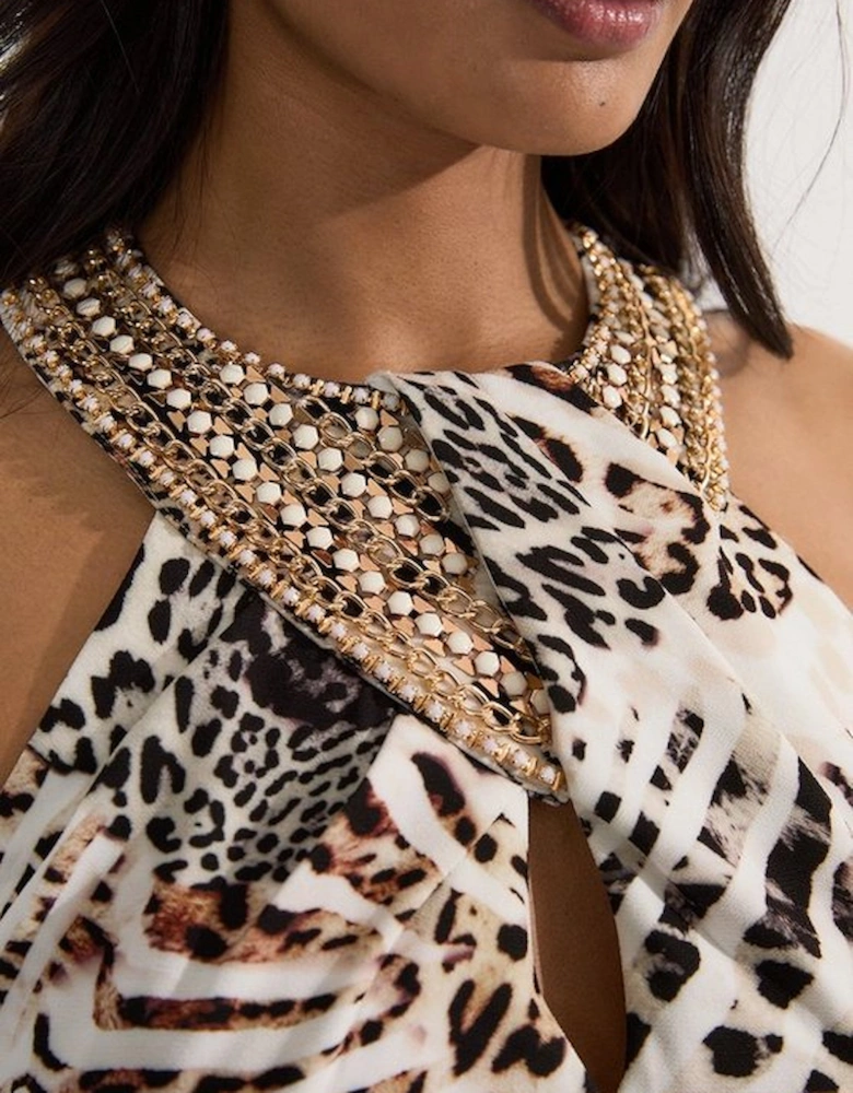 Petite Leopard Viscose Woven Maxi Dress With Gold Chain Neck Detail