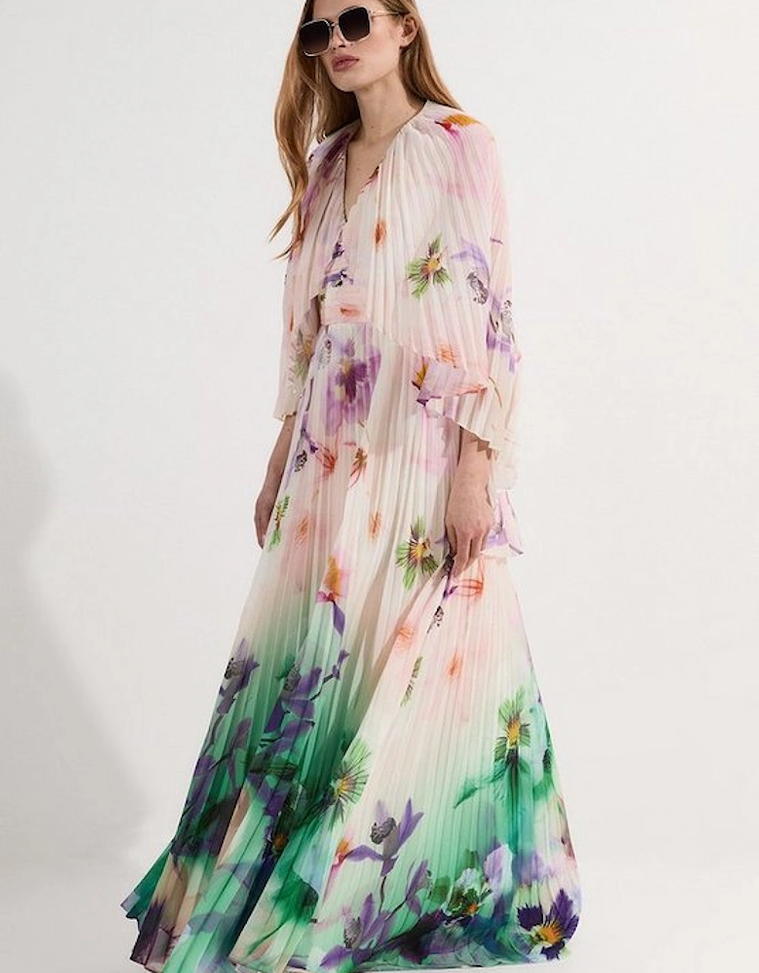 Pleated Floral Cape Sleeve Plunge Neck Woven Maxi Dress, 5 of 4