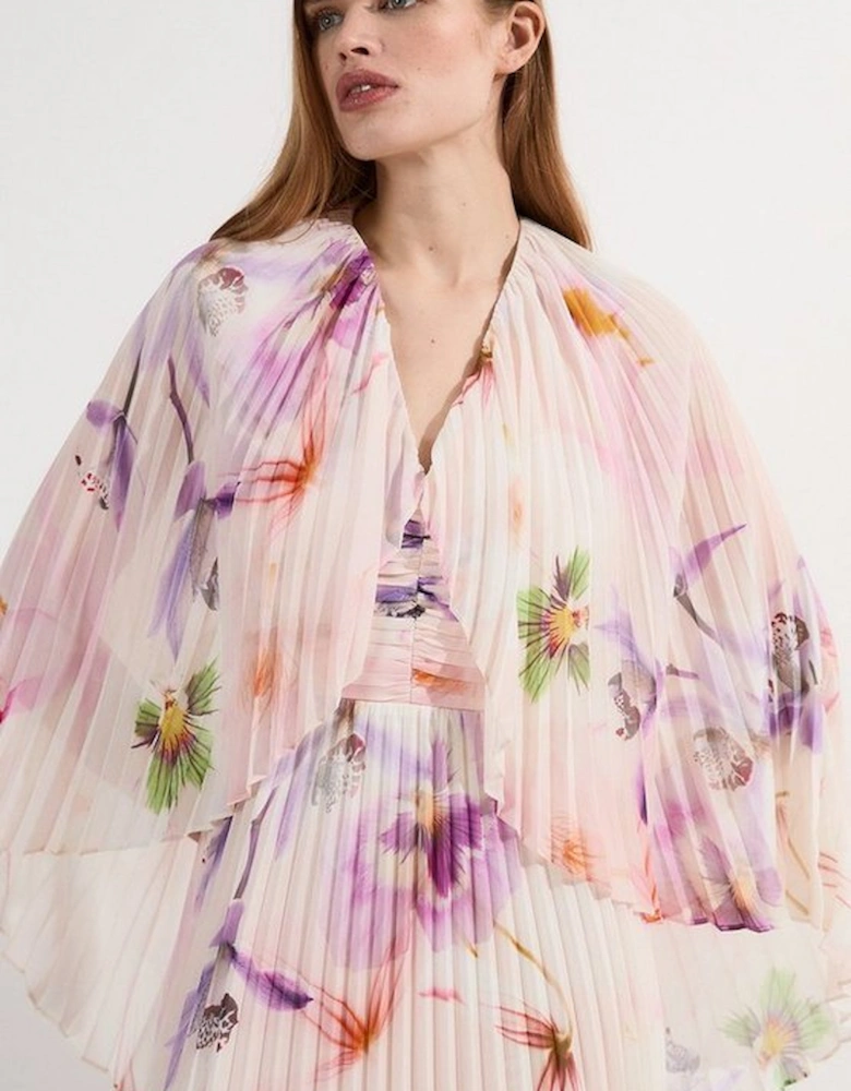 Pleated Floral Cape Sleeve Plunge Neck Woven Maxi Dress