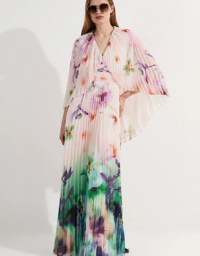 Pleated Floral Cape Sleeve Plunge Neck Woven Maxi Dress
