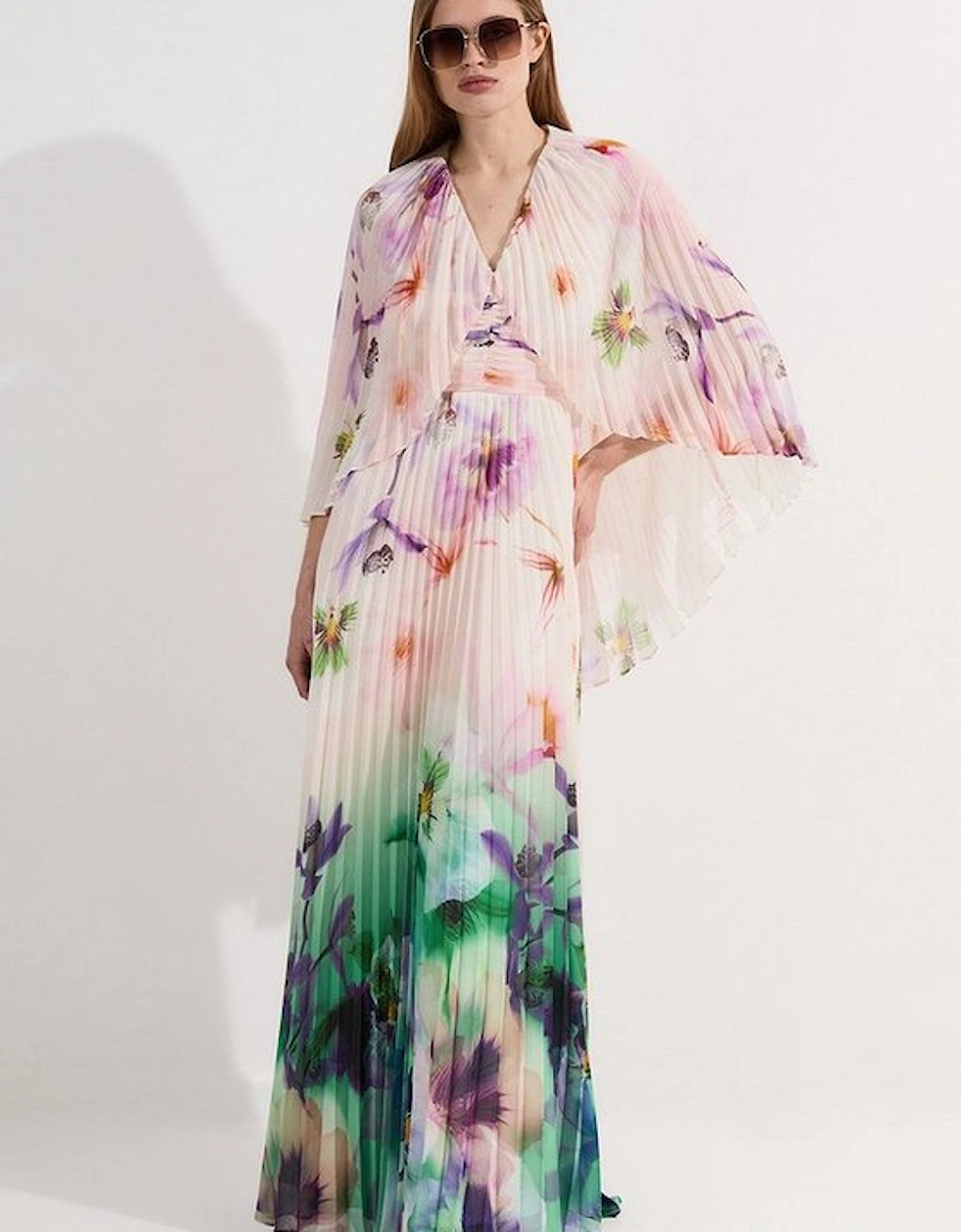 Pleated Floral Cape Sleeve Plunge Neck Woven Maxi Dress