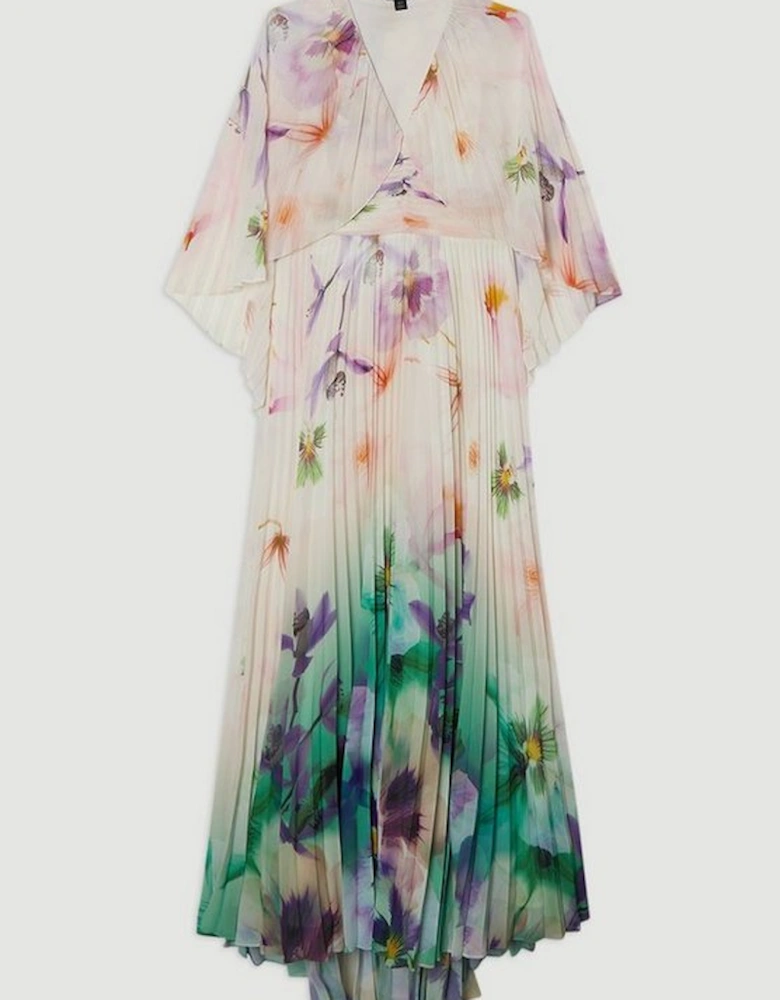 Pleated Floral Cape Sleeve Plunge Neck Woven Maxi Dress