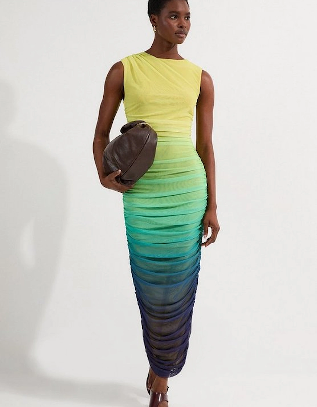 Sunset Ombre Mesh Ruched Jersey Maxi Dress, 5 of 4