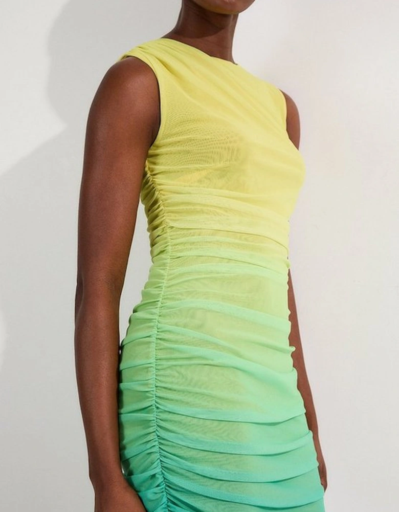 Sunset Ombre Mesh Ruched Jersey Maxi Dress