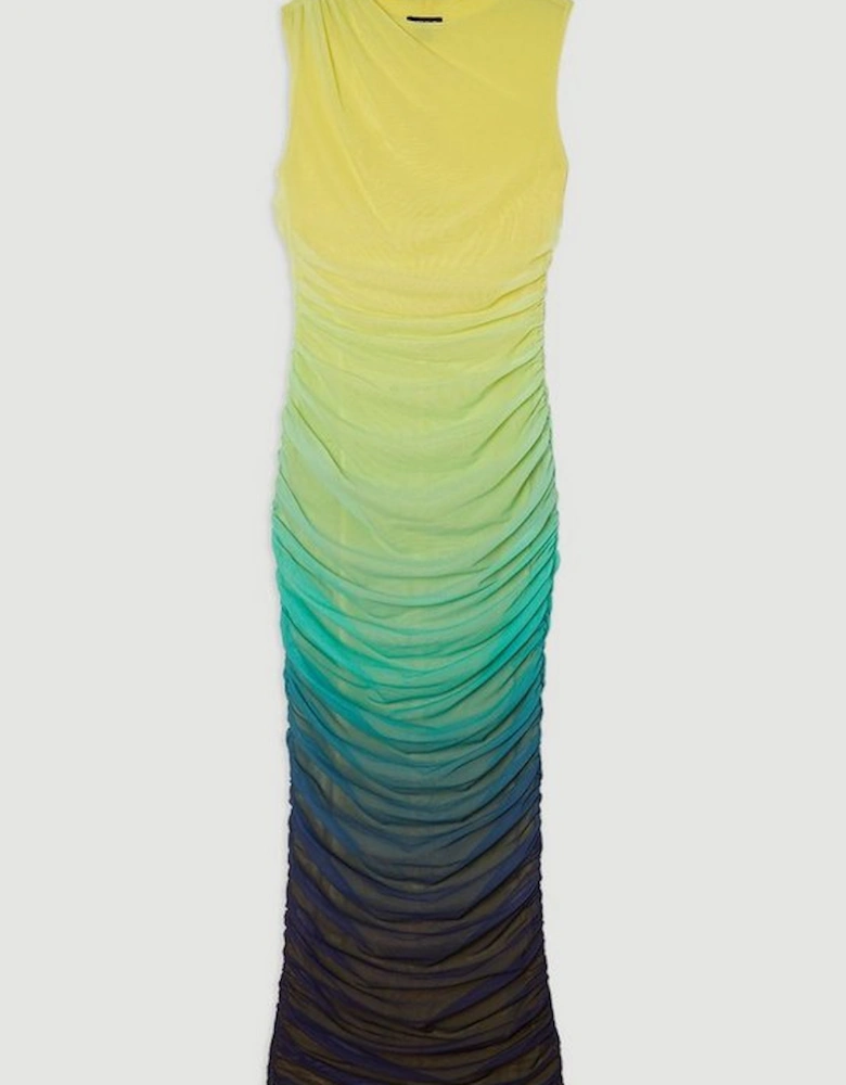 Sunset Ombre Mesh Ruched Jersey Maxi Dress