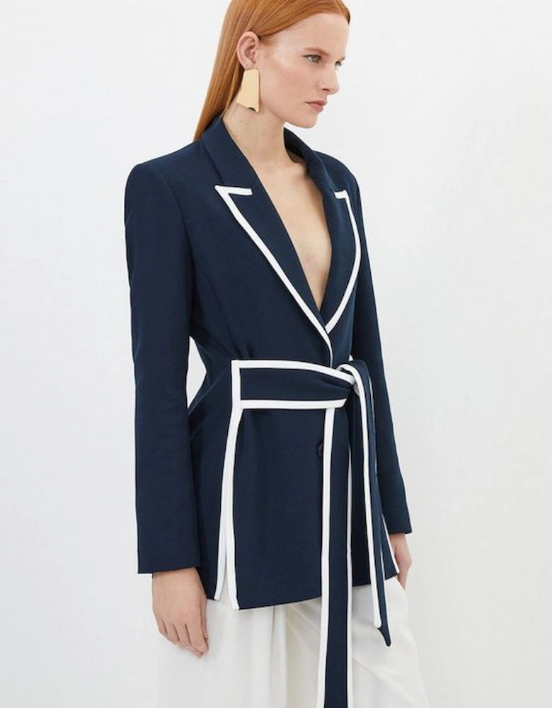Petite Compact Stretch Tailored Belted Tipped Detail Blazer