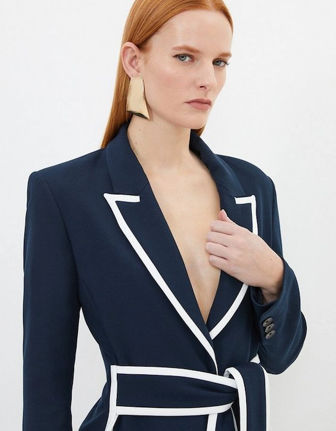 Petite Compact Stretch Tailored Belted Tipped Detail Blazer, 4 of 3