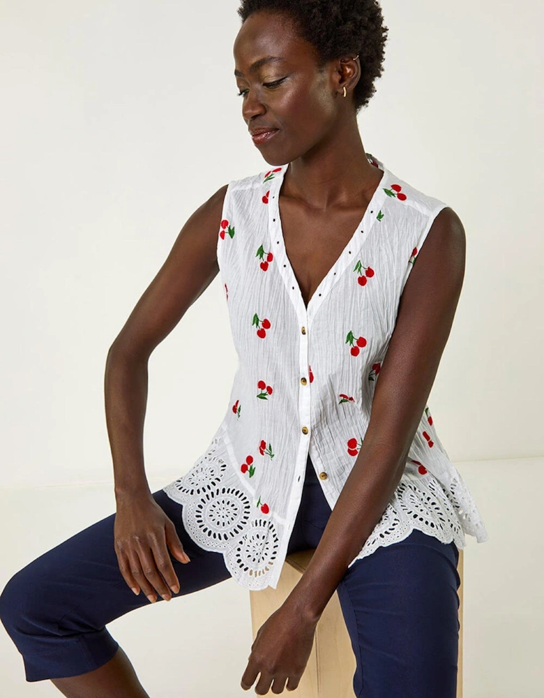 Cherry Print Crinkle Button Blouse - Red