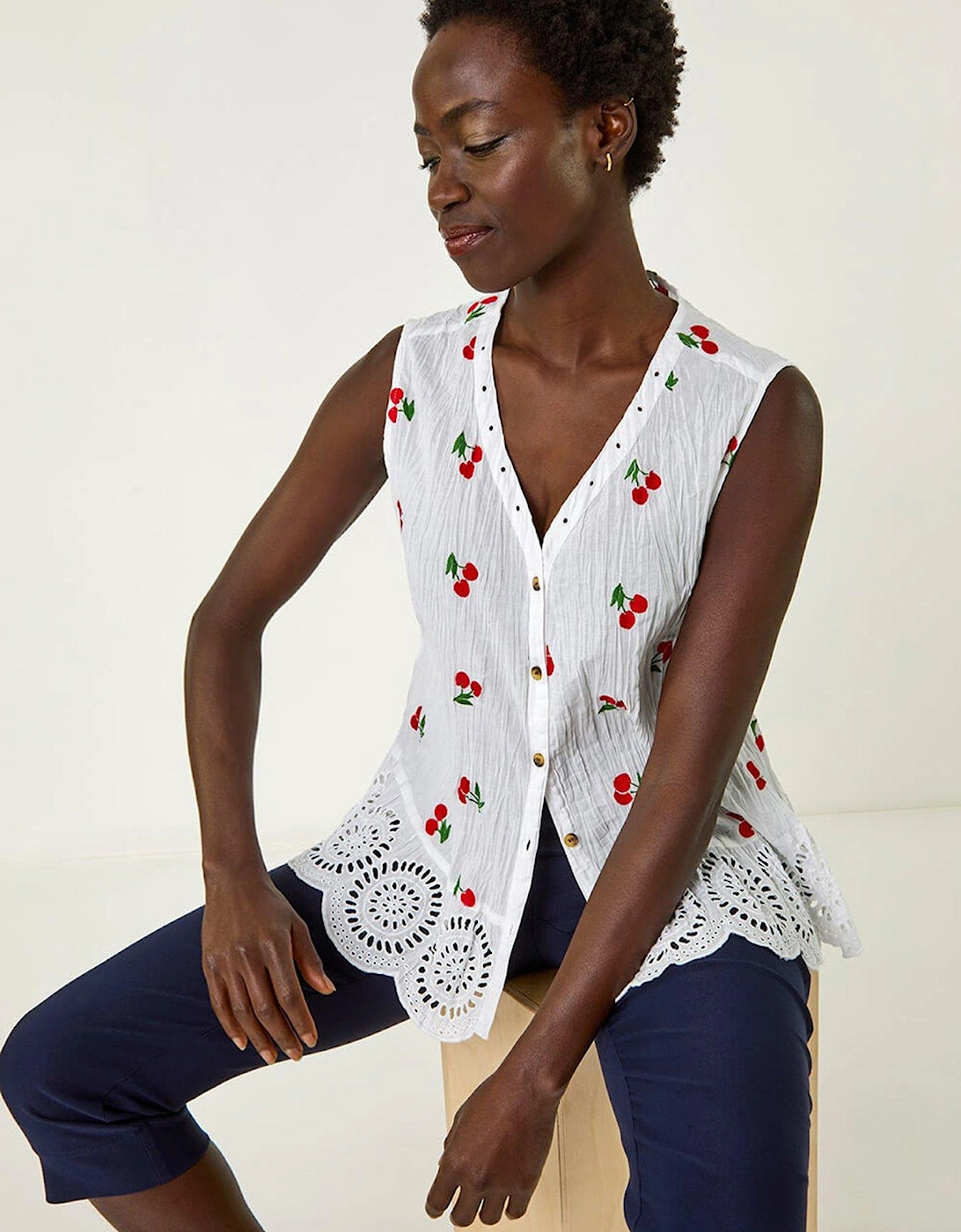 Cherry Print Crinkle Button Blouse - Red, 2 of 1