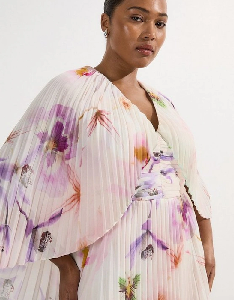 Plus Size Pleated Floral Cape Sleeve Plunge Neck Woven Maxi Dress