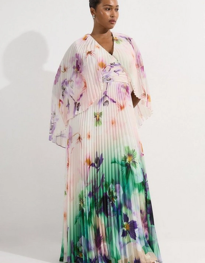 Plus Size Pleated Floral Cape Sleeve Plunge Neck Woven Maxi Dress
