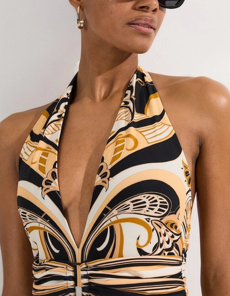 Scarf Print Plunge Swimsuit With Detachable Scarf