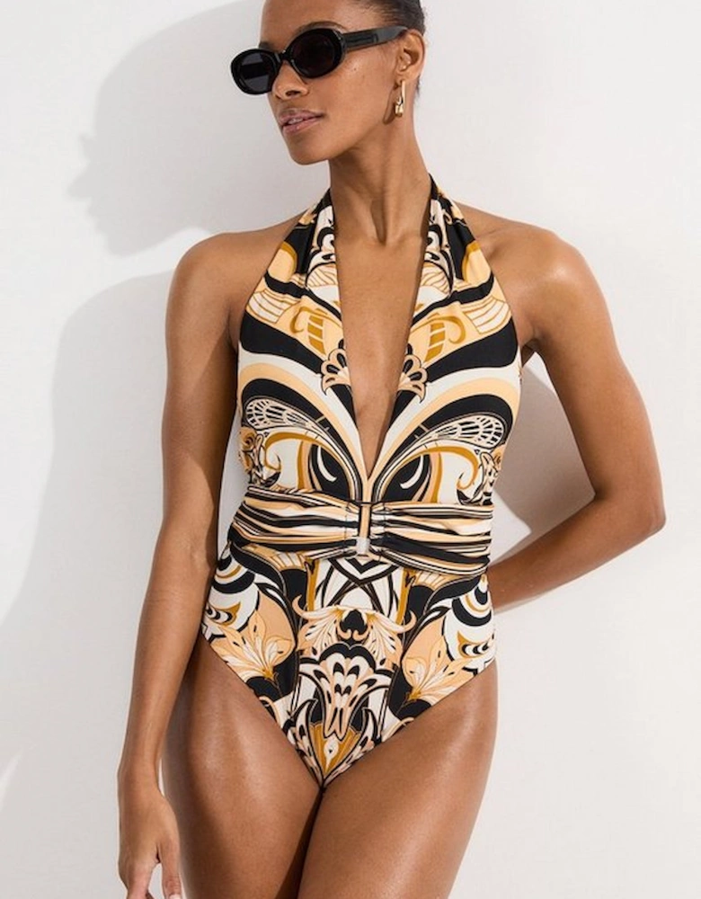 Scarf Print Plunge Swimsuit With Detachable Scarf