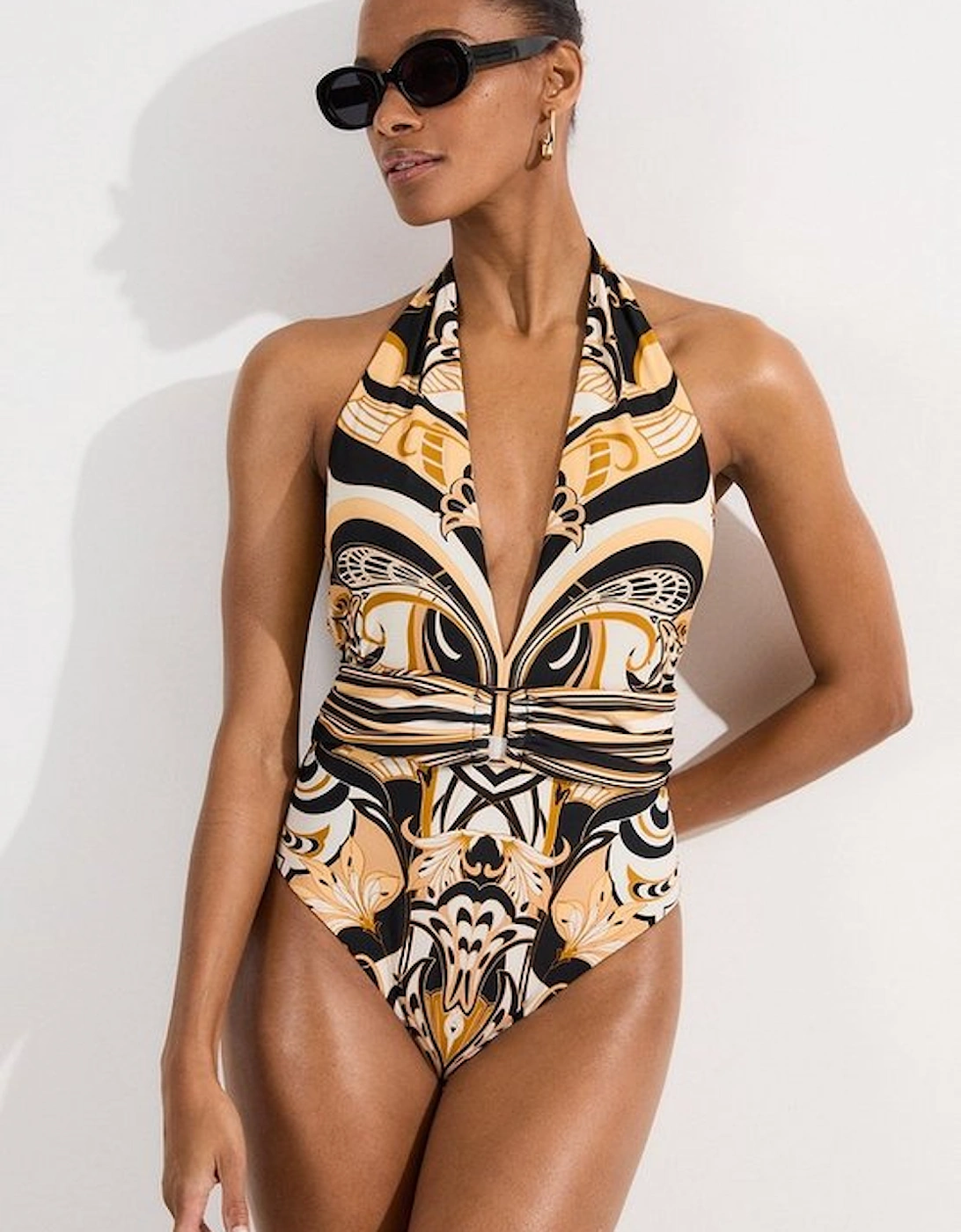 Scarf Print Plunge Swimsuit With Detachable Scarf