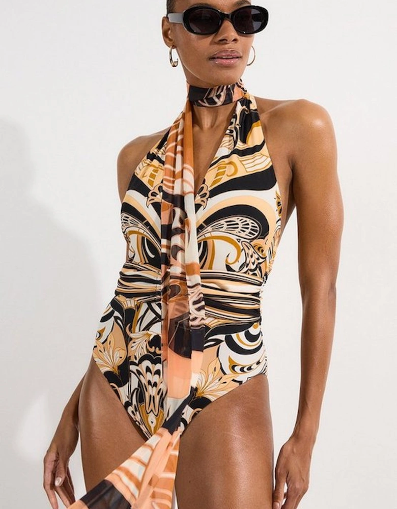 Scarf Print Plunge Swimsuit With Detachable Scarf