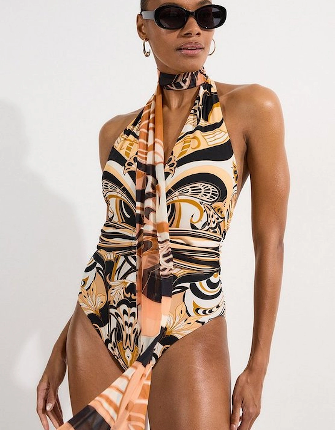 Scarf Print Plunge Swimsuit With Detachable Scarf, 4 of 3