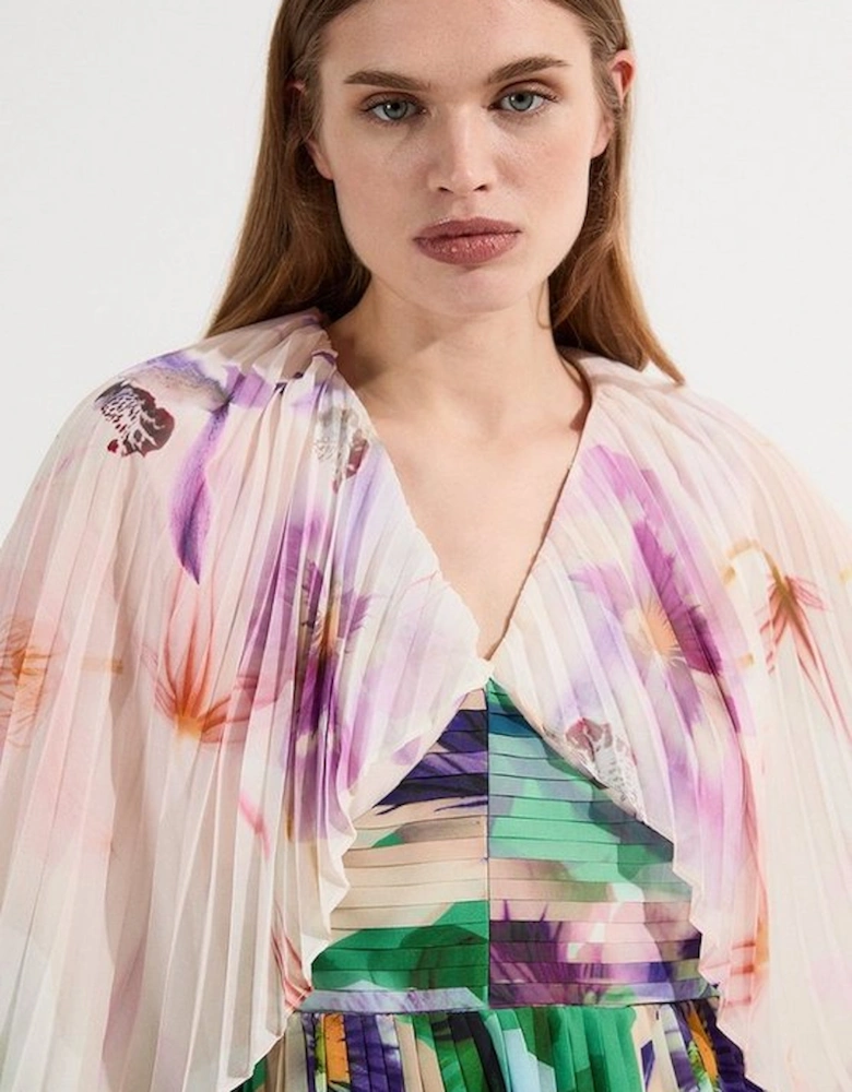 Pleated Floral Cape Sleeve Plunge Neck Woven Top