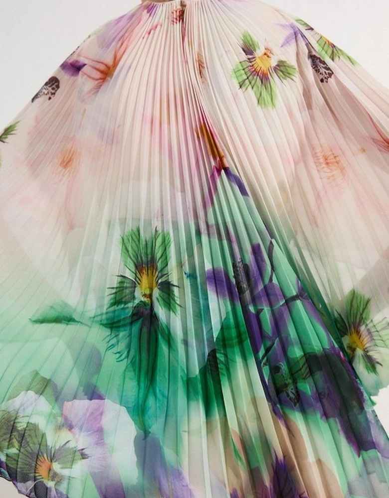 Pleated Floral Cape Sleeve Plunge Neck Woven Top