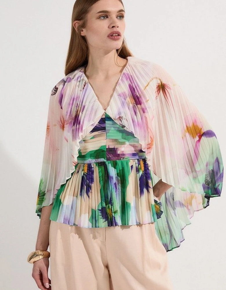 Pleated Floral Cape Sleeve Plunge Neck Woven Top