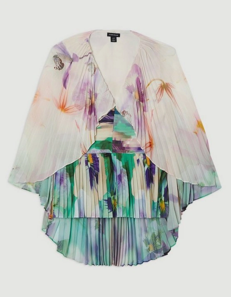 Pleated Floral Cape Sleeve Plunge Neck Woven Top