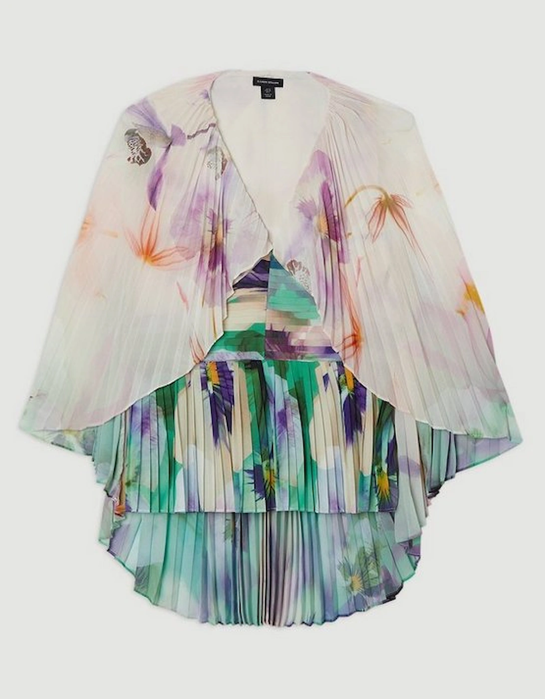 Pleated Floral Cape Sleeve Plunge Neck Woven Top