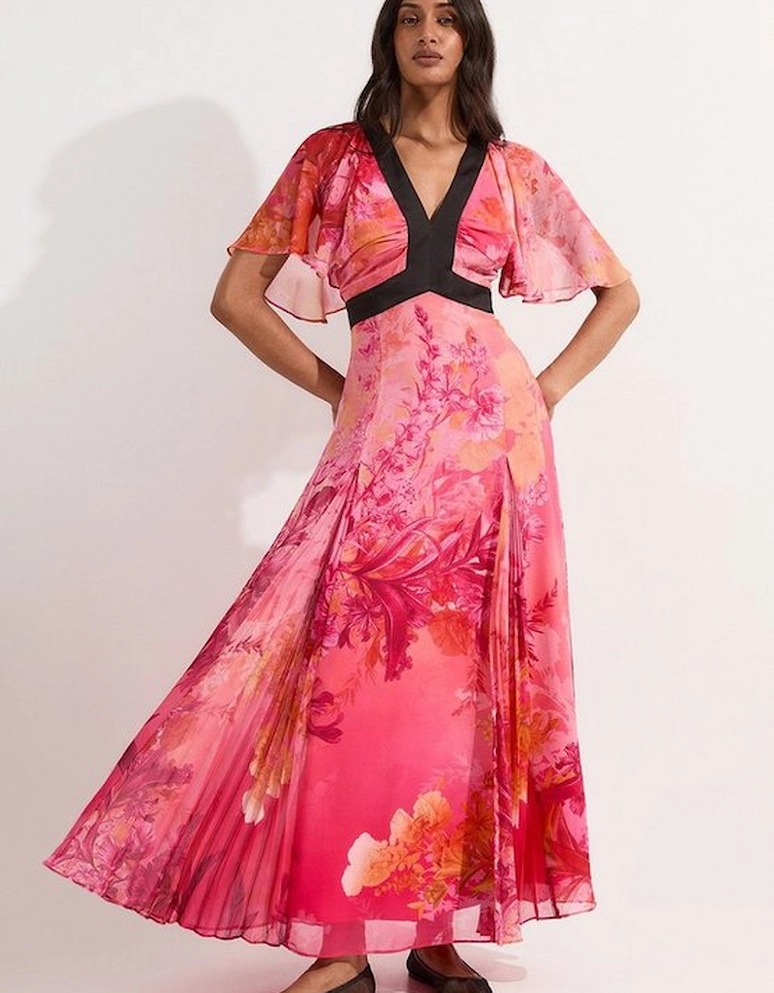 Pleated Floral Godet Panel Woven Midi Dress, 4 of 3