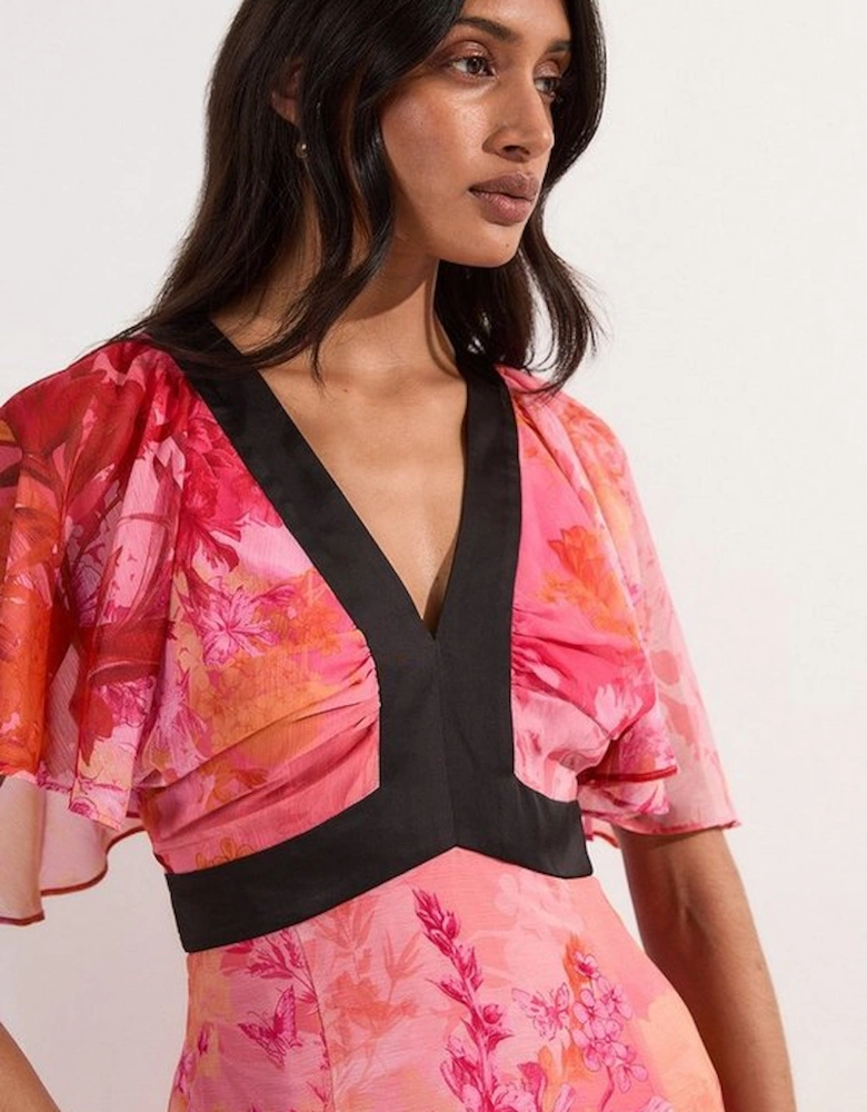 Pleated Floral Godet Panel Woven Midi Dress