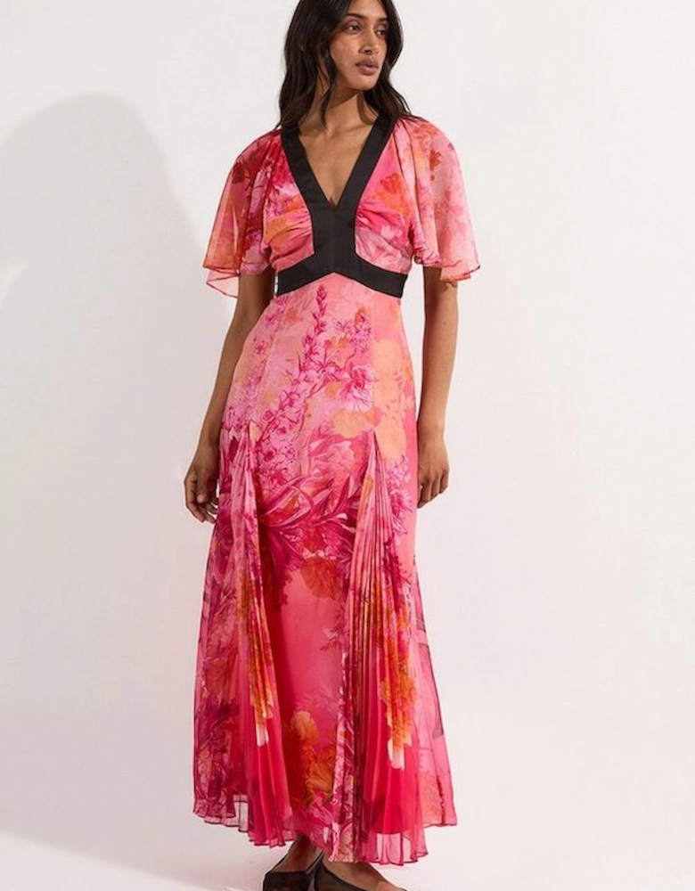 Pleated Floral Godet Panel Woven Midi Dress