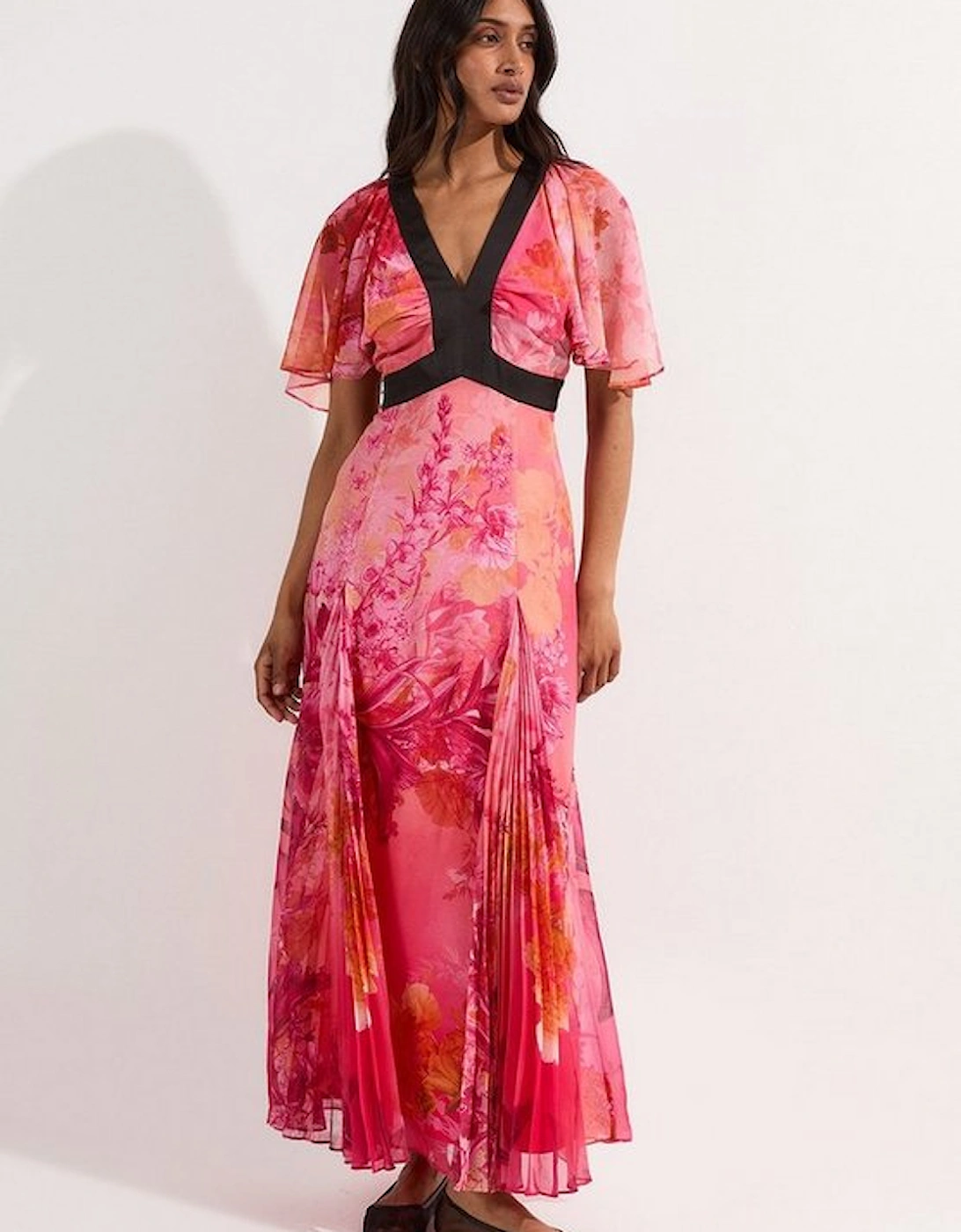 Pleated Floral Godet Panel Woven Midi Dress
