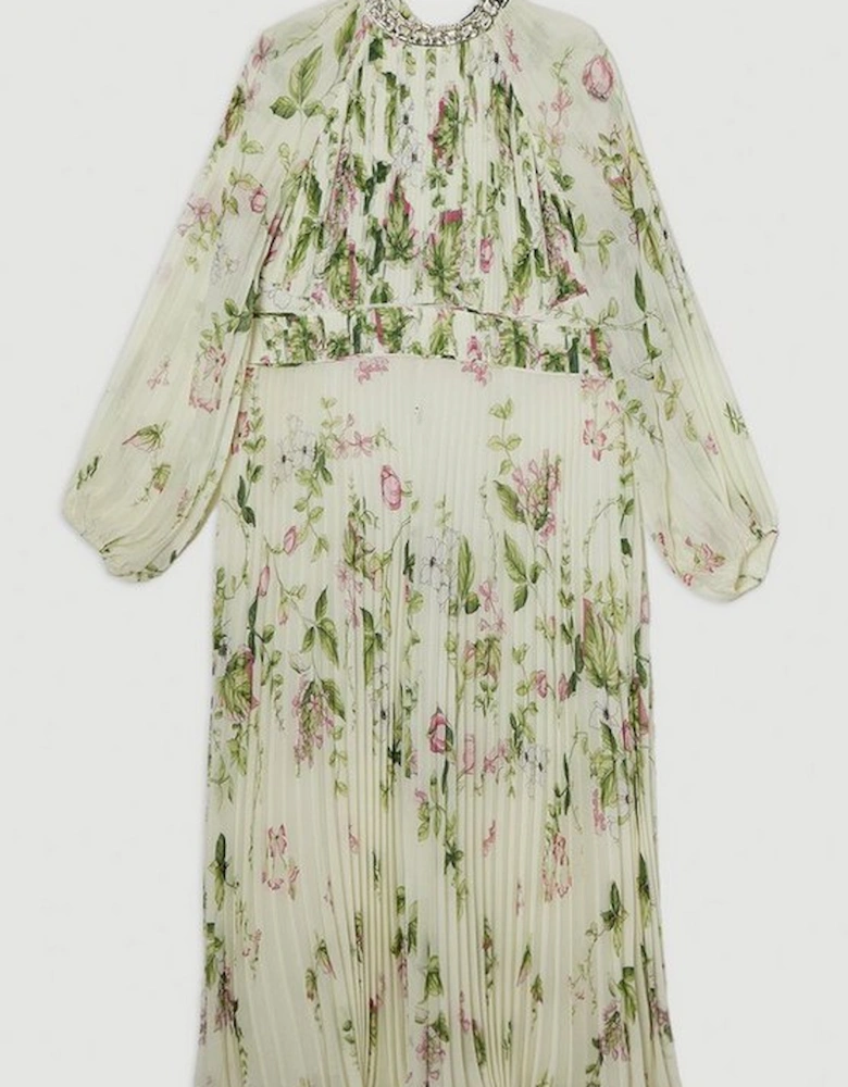 Plus Size Floral Diamante Enamel Trim Woven Pleated Long Sleeve Maxi Dress