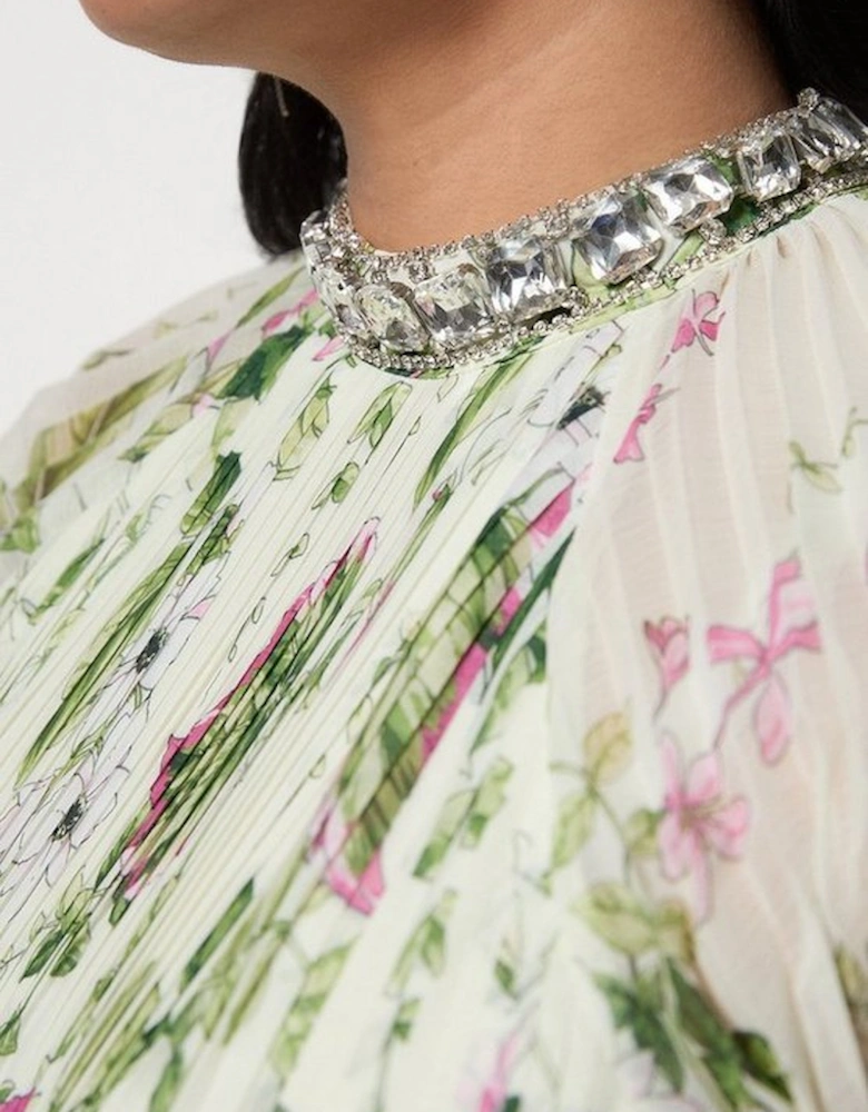 Plus Size Floral Diamante Enamel Trim Woven Pleated Long Sleeve Maxi Dress