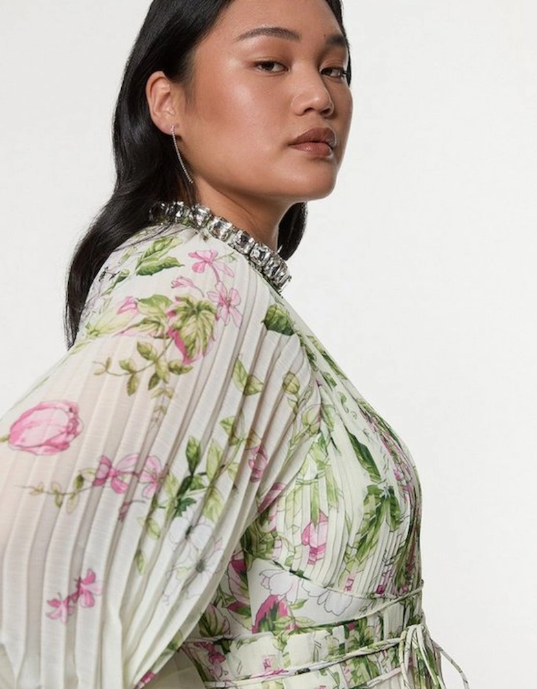 Plus Size Floral Diamante Enamel Trim Woven Pleated Long Sleeve Maxi Dress
