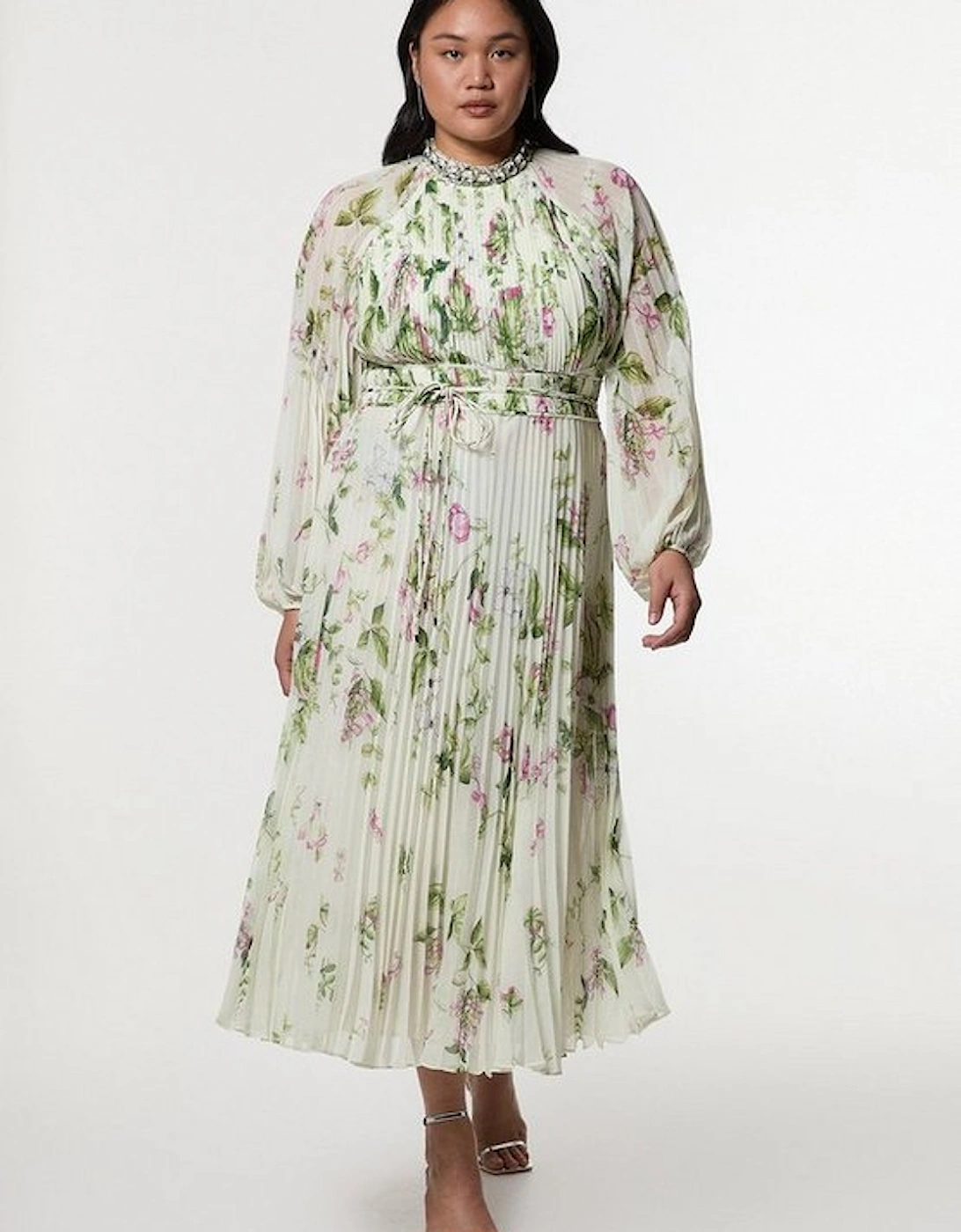 Plus Size Floral Diamante Enamel Trim Woven Pleated Long Sleeve Maxi Dress, 5 of 4
