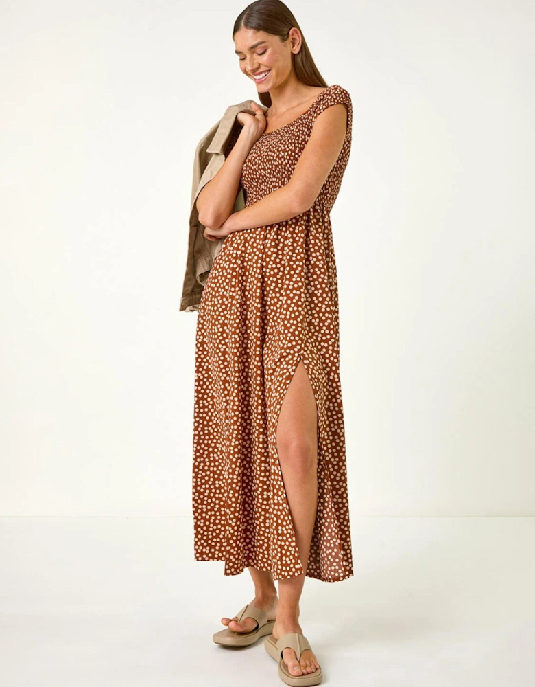 Spot Print Shirred Bardot Maxi Dress - Brown