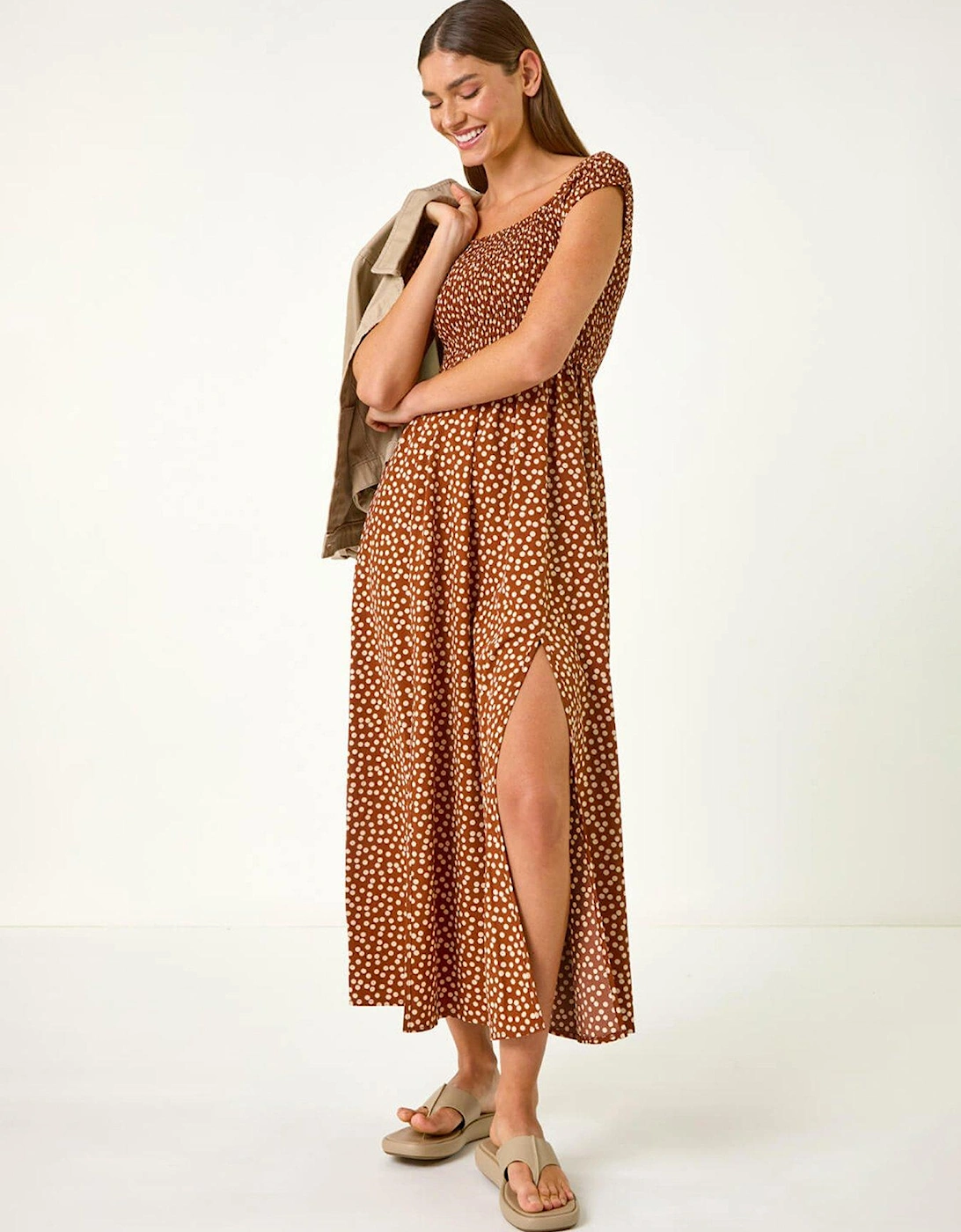 Spot Print Shirred Bardot Maxi Dress - Brown, 2 of 1