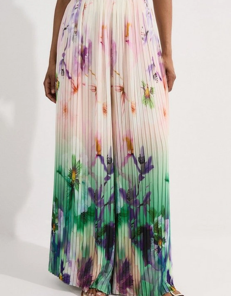 Pleated Floral Woven Wide Leg Trousers