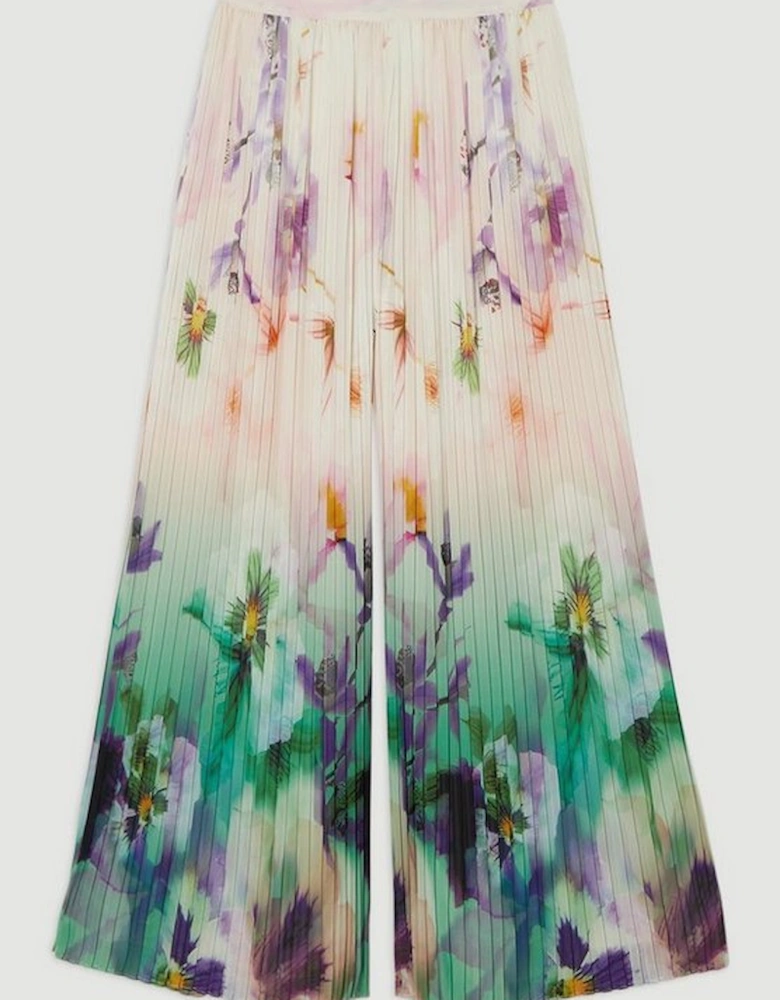 Pleated Floral Woven Wide Leg Trousers