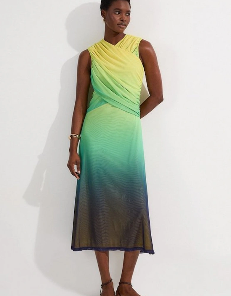 Sunset Ombre Mesh Wrap Bodice Jersey Midi Dress