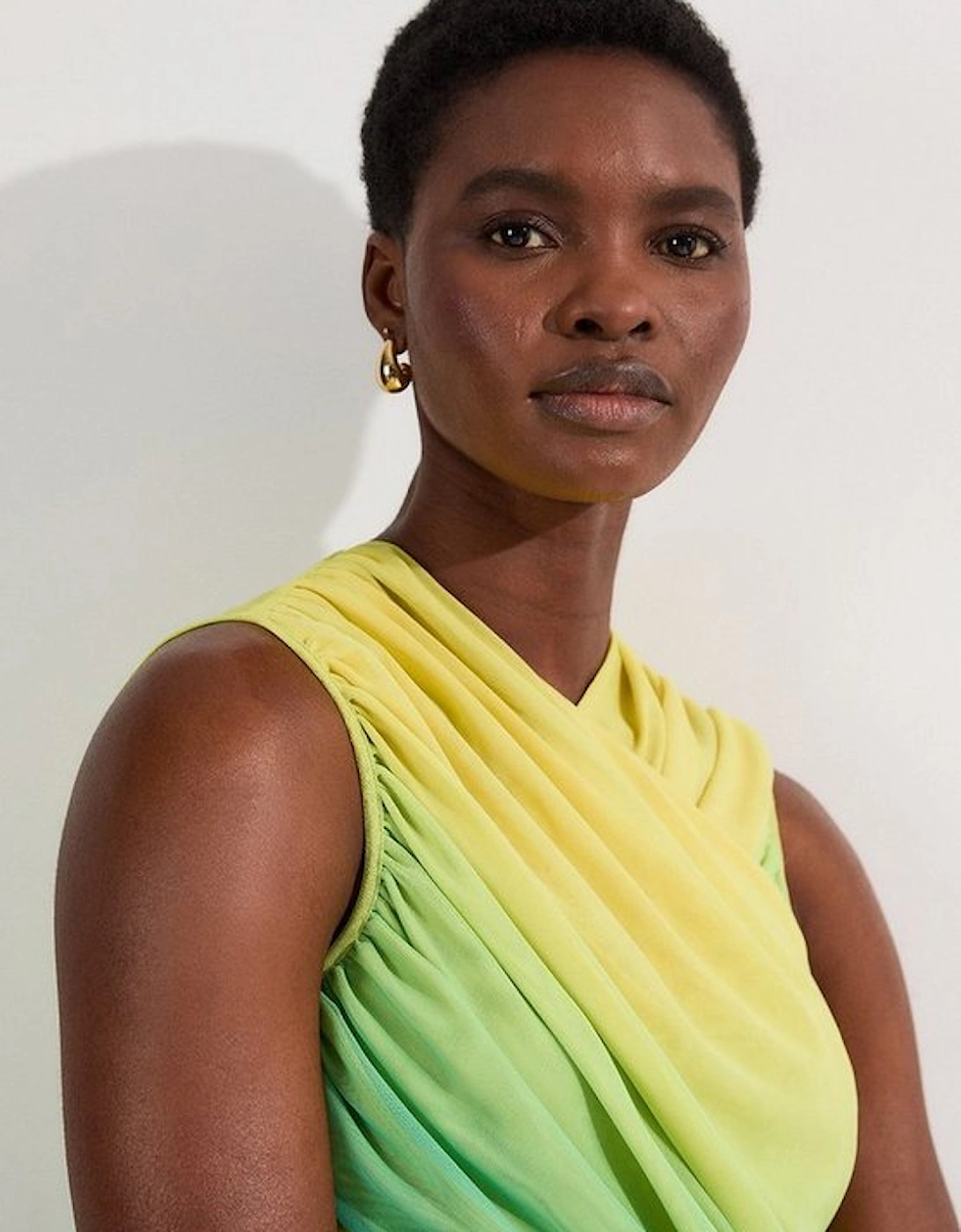 Sunset Ombre Mesh Wrap Bodice Jersey Midi Dress