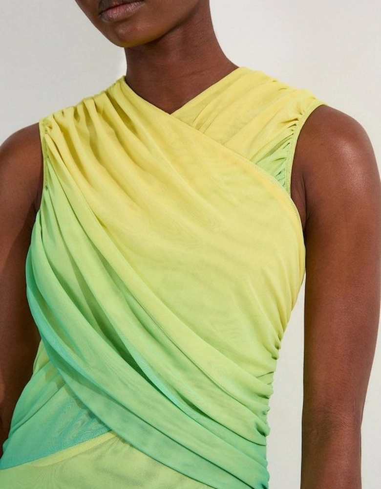 Sunset Ombre Mesh Wrap Bodice Jersey Midi Dress