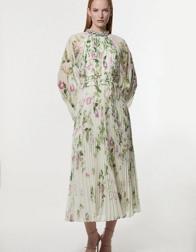 Floral Diamante Enamel Trim Woven Pleated Long Sleeve Maxi Dress