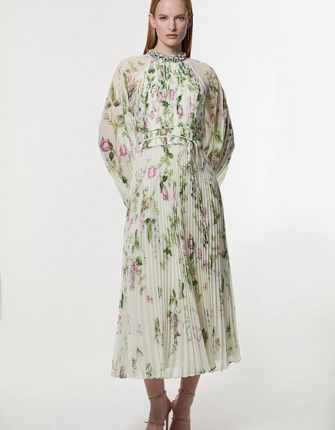 Floral Diamante Enamel Trim Woven Pleated Long Sleeve Maxi Dress