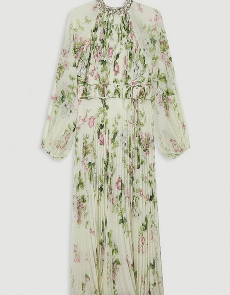 Floral Diamante Enamel Trim Woven Pleated Long Sleeve Maxi Dress
