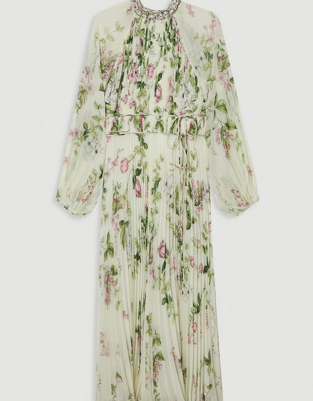 Floral Diamante Enamel Trim Woven Pleated Long Sleeve Maxi Dress