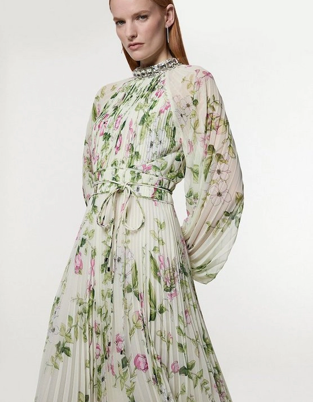 Floral Diamante Enamel Trim Woven Pleated Long Sleeve Maxi Dress, 5 of 4