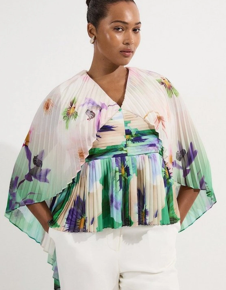Plus Size Pleated Floral Cape Sleeve Plunge Neck Woven Top