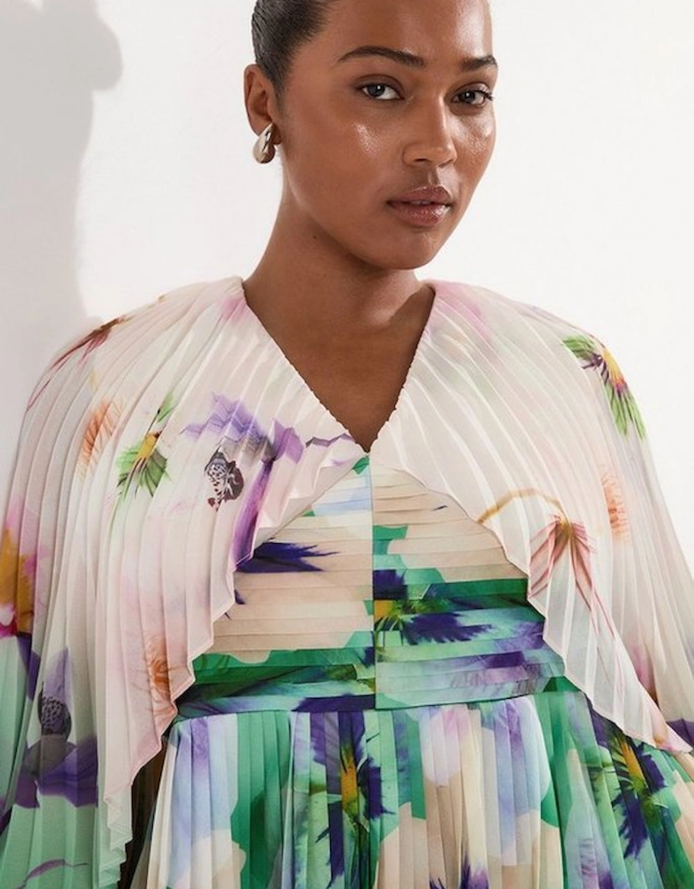 Plus Size Pleated Floral Cape Sleeve Plunge Neck Woven Top