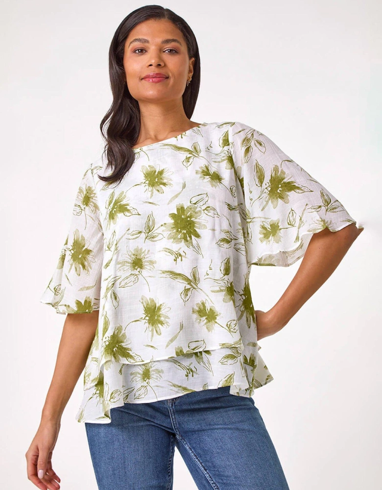 Floral Print Layered Tunic Top - Green