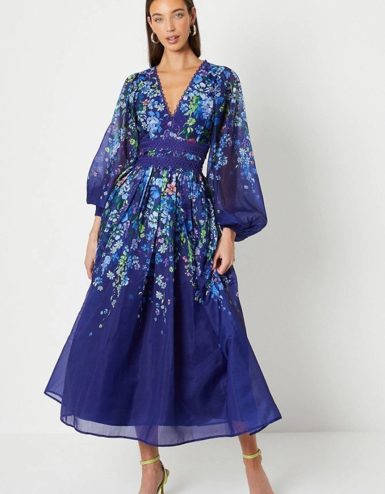 Organza Floral Placement Lace Trim Midaxi Dress