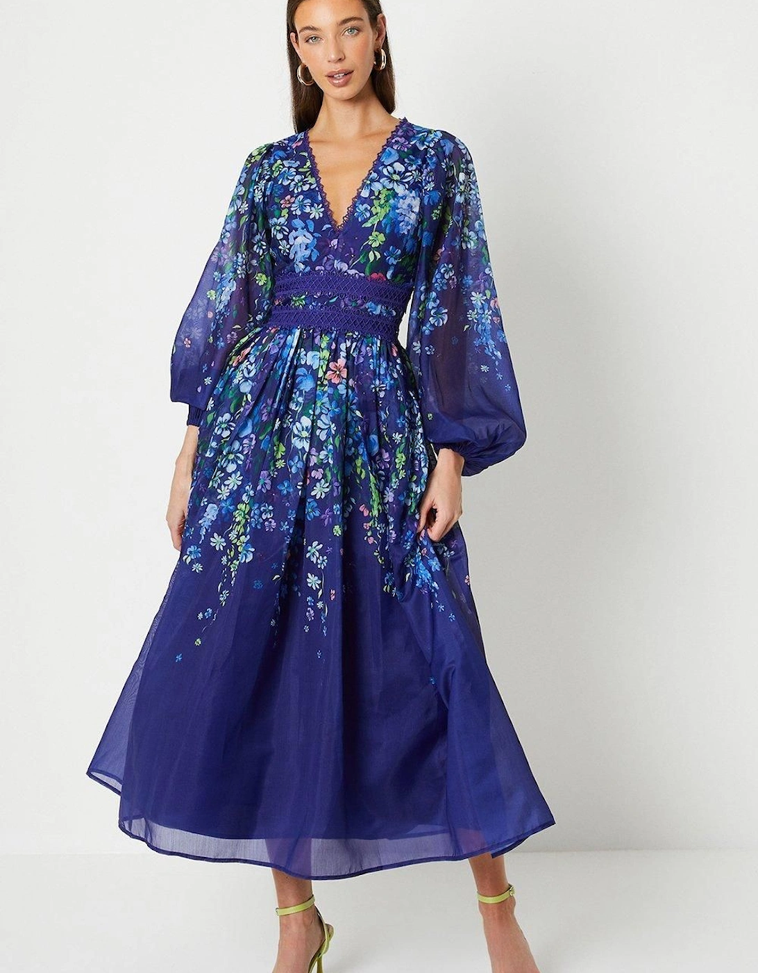 Organza Floral Placement Lace Trim Midaxi Dress, 2 of 1